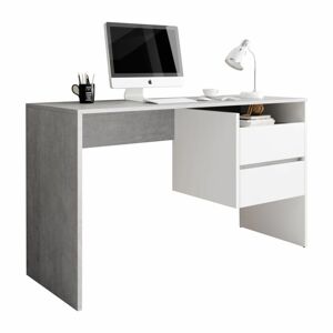 Beton hatású polcos íróasztal, 2 fiókkal, fehér - POLAIRE - Butopêa
