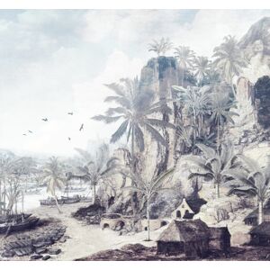 Trópusi szigetet ábrázoló tapéta, faluval, 300x280 cm, barna-zöld - ROBINSON - Butopêa