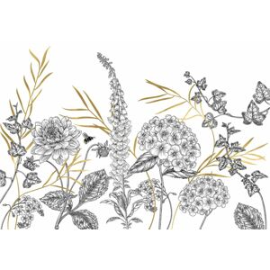 Nyári virágokat ábrázoló tapéta, méhecskével, 400x280 cm, fekte-fehér - PRAIRIE - Butopêa
