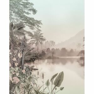 Trópusi folyópartot és pálmafákat ábrázoló tapéta, 200x250 cm, világosbarna-zöld - AU PIED DU VOLCAN - Butopêa
